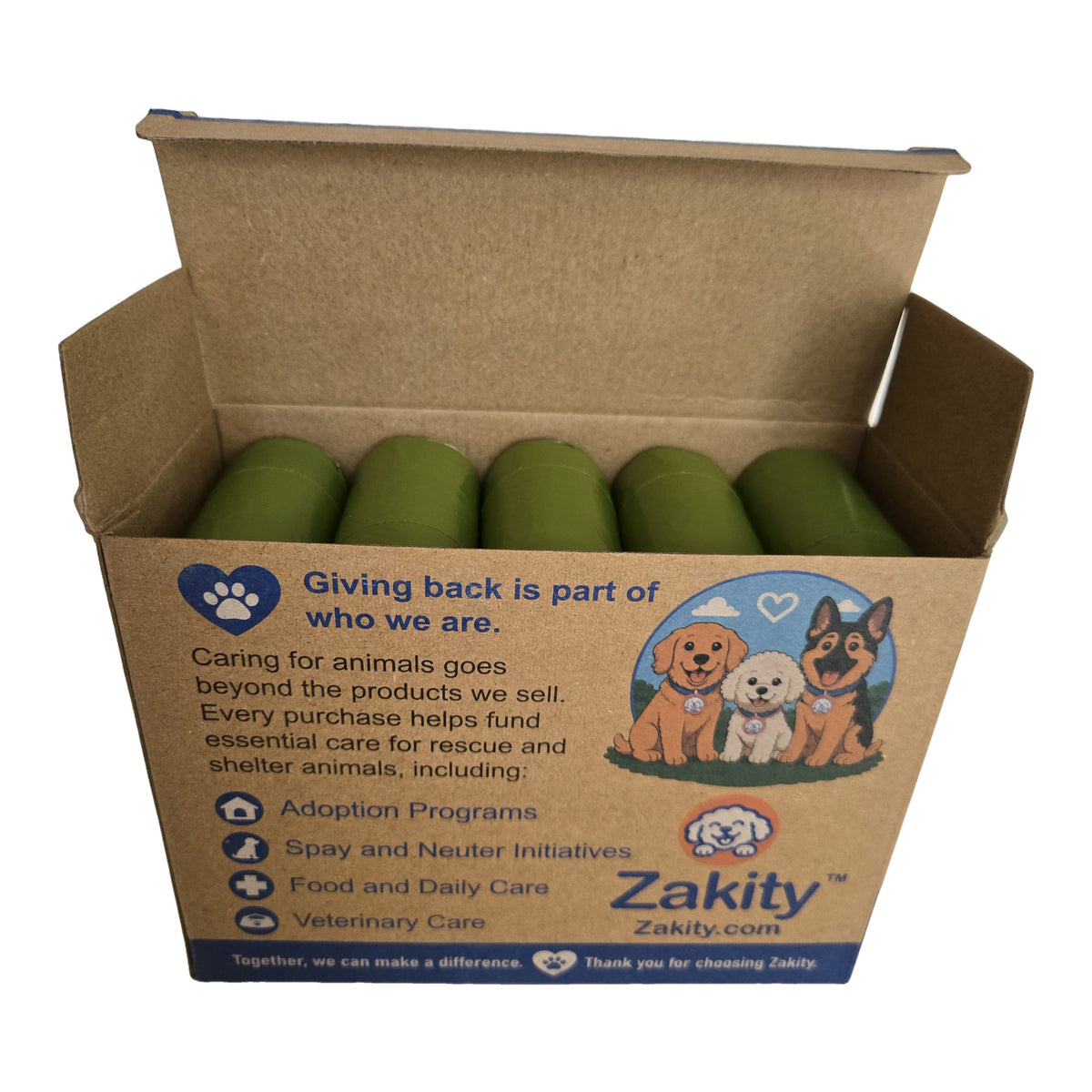 Open Zakity poop bags box with green rolls inside and the message Giving back is part of who we are